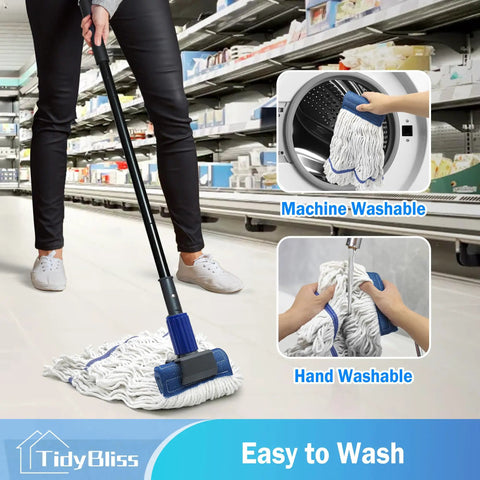 Heavy Duty Commercial String Mop With Extension Handle absorbs liquids and debris fast, shown being used in a store setting.