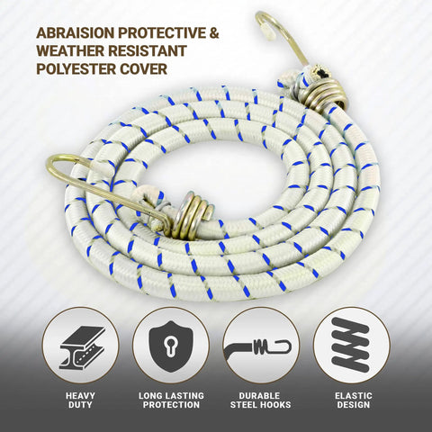 6 Pack 72-Inch Long Heavy Duty Bungee Cords With Durable Metal Hooks For Bikes, Camping, Outdoors, displayed coiled with features