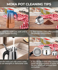 Moka pot cleaning tips; Stainless Steel 12 Cup Moka Pot Espresso Maker For Stovetop Brews Like A Boss Italian Classic Style Cafetera Coffee Pot 600ml Portable For Camping Travel And Home Use