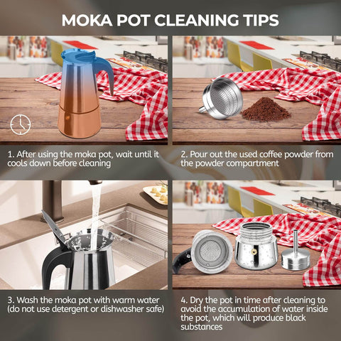 Moka pot cleaning tips; Stainless Steel 12 Cup Moka Pot Espresso Maker For Stovetop Brews Like A Boss Italian Classic Style Cafetera Coffee Pot 600ml Portable For Camping Travel And Home Use