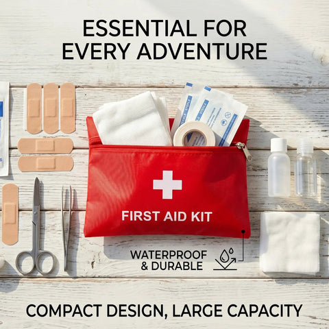 12 Pack Empty First Aid Kit Bags Bulk Set For DIY Emergency Supplies Water Resistant Travel Medical Organizer Pouches In Red 11x16cm Ideal For Home Car Office Camping Outdoors Bag Only. Red pouch with first aid cross and contents shown.