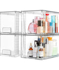 Four Pack Large Clear Stackable Storage Drawers With Smooth Pull Out Slides And Grippy Silicone Pads For Super Neat Closets That Keep Your Belongings Squared Away Daily filled with beauty supplies.