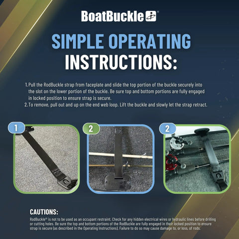 Self Retracting Rod Tie Down Mount For Gunwale Or Deck Two Pack Retractable Rod Tie Downs For Bass Boats And Small Vessels Easy Install And Adjustment Keeps Rods Secure And Organized On The Go. Operating instructions poster for BoatBuckle RodBuckle strap