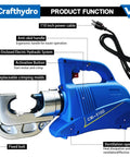 Heavy Hitter 15 Ton Electric Hydraulic Cable Lug Crimping Tool showing ergonomic design, activation button, and replaceable molds.
