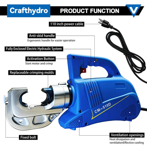 Heavy Hitter 15 Ton Electric Hydraulic Cable Lug Crimping Tool showing ergonomic design, activation button, and replaceable molds.