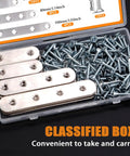 Heavy Duty Stainless Steel Flat Metal Brackets And Mending Plates 96 Pack displayed in a box with screws for fixing furniture.