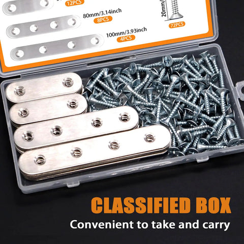 Heavy Duty Stainless Steel Flat Metal Brackets And Mending Plates 96 Pack displayed in a box with screws for fixing furniture.
