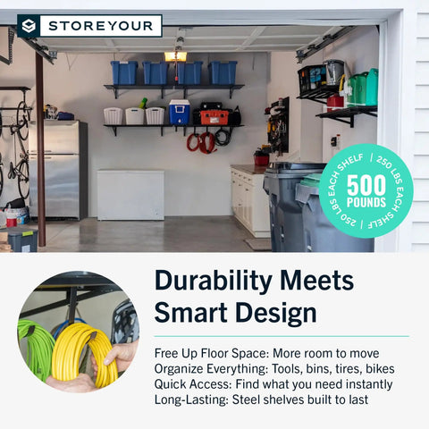 Beefy Garage Shelving Wall Mounted 2 Pack 12 Inch Deep 71 Inch Long Steel Storage Racks With Hooks installed in garage