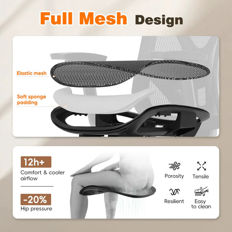 Ergonomic Office Chair With Footrest And 135 Degree Recline For All Day Comfort, showing elastic mesh and soft sponge padding design.