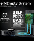 PowerDetect Self Empty Robot Vacuum With NeverStuck Tech showing self-empty bagless base with HEPA filtration and 30-day capacity