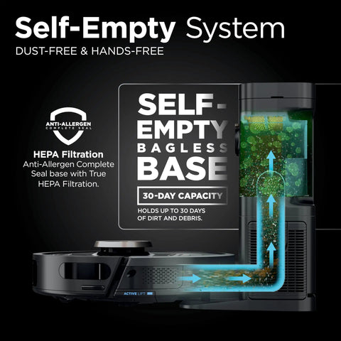PowerDetect Self Empty Robot Vacuum With NeverStuck Tech showing self-empty bagless base with HEPA filtration and 30-day capacity