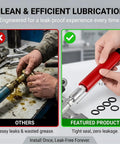 Comparison of messy leaks vs clean use of Heavy Duty Grease Fitting Cleaning Tool With Anti Rust Construction Red Universal Cleaner