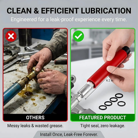 Comparison of messy leaks vs clean use of Heavy Duty Grease Fitting Cleaning Tool With Anti Rust Construction Red Universal Cleaner