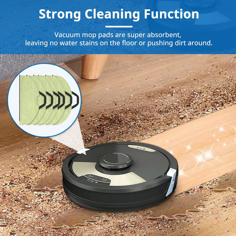 Robot vacuum on wooden floor with Six Pack Vacuum Mop Replacement Pads, Washable Microfiber Pads For Robot Vacuums RV2000-2002 Series