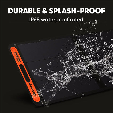 100W Bifacial Portable Solar Panel For Explorer Power Stations with water splash highlighting durability and IP68 rating.