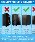 Compatibility chart showing sizes for Heavy Duty Under Desk Computer Tower Holder With Slick Swivel Design And Generous Adjustable Fit.