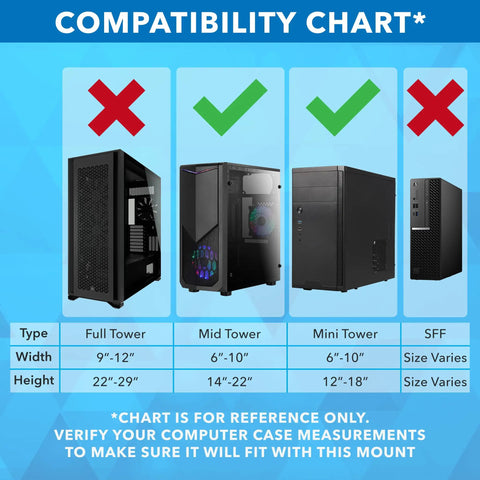 Compatibility chart showing sizes for Heavy Duty Under Desk Computer Tower Holder With Slick Swivel Design And Generous Adjustable Fit.