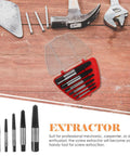 Essential 6-Piece Metal Screw Extractor Set For Broken And Stripped Bolt Removal Perfect For Pros And DIY Gurus Who Need Reliable Fastener Extraction Tools., red case with six metal screw extractors on wooden workbench