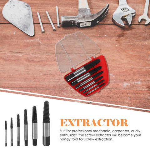 Essential 6-Piece Metal Screw Extractor Set For Broken And Stripped Bolt Removal Perfect For Pros And DIY Gurus Who Need Reliable Fastener Extraction Tools., red case with six metal screw extractors on wooden workbench