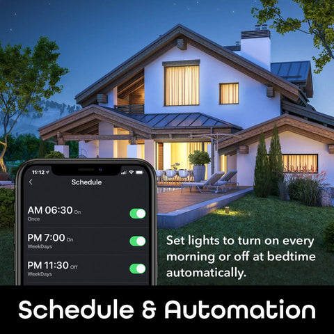 Smart ST19 Edison LED Light Bulb 2 Pack Tunable White App Controlled Dimmable Works With Alexa And Google Home image showing schedule automation on phone against house backdrop.