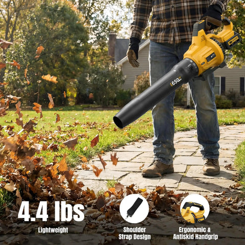 Man using Cordless Leaf Blower 650 CFM With 3 Speed Levels And 1200W Power, Dual 5.0Ah Batteries Included And Fast Charger on lawn