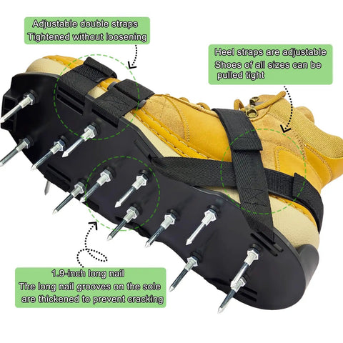One Size Fits All Lawn Aerator Shoes With Upgraded X Shaped 8 Strand Straps And 13 Steel Spikes for easy yard maintenance