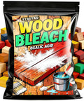 Pro Level Oxalic Acid Wood Bleach One Pound Powder Blend in a colorful bag, shown with wooden blocks, ideal for stain removal.