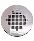 Heavy Duty No Caulk Shower Drain With Slick Polished Chrome Grate, 4.5in diameter, ideal for quick ABS PVC hookup.