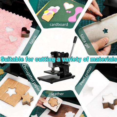1.5 Ton Leather Die Cutting Machine With 12x9cm Leather Hand Press and Adjustable Pressure Stroke shown cutting various materials