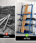 Workhorse Steel Bar Rack For Lumber And Pipe Storage, Freestanding Long Parts Organizer With Safety Chains, 3000 Lb Capacity, Durable Iron Construction, 39 In Depth, 24 In Width, 84 In Height, Blue with organized lumber in 'After' photo.