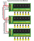 Image of three interconnected Beefy Six Channel DC Power Distribution Strips with DIN rail mount, rocker switches, and wiring connections.