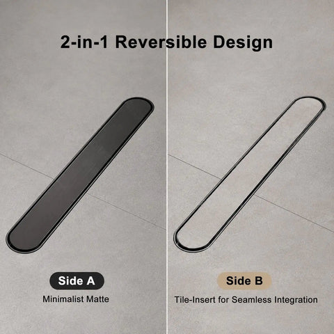 Heavy Duty 304 Stainless Steel Rounded Linear Shower Drain With Reversible Tile Insert Cover showing both matte black and tile-in designs.