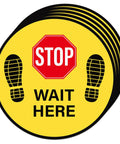Five Pack Stop Here Floor Signs 18 Inch Round Vinyl Anti Slip High Visibility Stickers For Quick Queue Control And Social Distancing In Busy Places No Fuss, STOP WAIT HERE decal