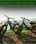 Two electric bikes with 26x4.0 and 20x4.0 fat tires parked on a lakeside trail, showcasing 20x4 Fat Tire for Electric Bikes and All Terrain Rides with Puncture Resistant Sidewalls Thick Tread Tubes Levers and Liners Perfect for MTB Trikes Folding Bikes Snow Sand Mud Street Grippy Ride.