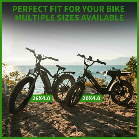 Two electric bikes with 26x4.0 and 20x4.0 fat tires parked on a lakeside trail, showcasing 20x4 Fat Tire for Electric Bikes and All Terrain Rides with Puncture Resistant Sidewalls Thick Tread Tubes Levers and Liners Perfect for MTB Trikes Folding Bikes Snow Sand Mud Street Grippy Ride.