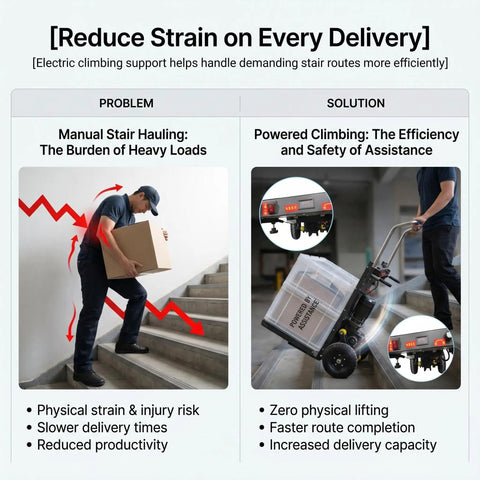 Heavy Duty 1200W Electric Dolly Stair Climber With 800lb Capacity And Folding Telescopic Handle For Moving Furniture And Warehouse Cargo displayed with manual hauling issue and powered climbing solution.