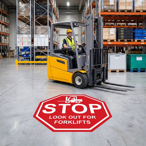 Stop Look Out For Forklift Floor Sign 17 By 17 Inches Vinyl Caution Warning Safety Traffic Sticker Labels Self Adhesive Waterproof Anti Slip Signage For Warehouse Workplace 5 Pack on warehouse floor