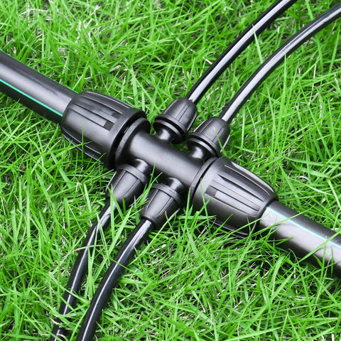 Barbed Tee One Half Inch To One Quarter Inch Drip Irrigation Fittings Kit, Ten Piece Set For One Half Inch Tubing connectors in grass