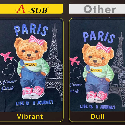Comparison of prints on T-shirts showing vibrant vs dull outcomes using DTF Transfer Film Set With 30 A4 Sheets Double Sided Matte Direct To Film Paper For Sublimation Or DTF Inkjet Printers Great For T Shirts And All Fabrics With Sharp Vivid Prints.