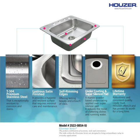Stainless Steel Kitchen Sink 25 Inch Drop-In Topmount 4-Hole Single Bowl With Strainer Durable Pro Grade for Home and Apartment Rust-Resistant 18-Gauge T-304 Steel Built to Last overview with features.