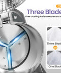Close-up of Electric Ice Shaver With Prevent Splash Design 3 Blade Snow Cone Machine showing three blades for finer crushing
