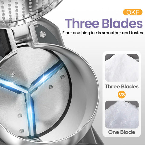 Close-up of Electric Ice Shaver With Prevent Splash Design 3 Blade Snow Cone Machine showing three blades for finer crushing