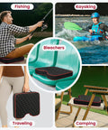 Collage showing Extra Thick 2.5 Inch Stadium Seat Cushions With Massage Dots in use for fishing, kayaking, traveling, and camping.