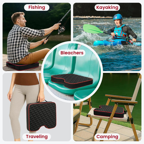 Collage showing Extra Thick 2.5 Inch Stadium Seat Cushions With Massage Dots in use for fishing, kayaking, traveling, and camping.