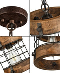 Details of Retro Industrial Round Pendant Light Two Pack With Metal And Wood Farmhouse Chandelier in brown finish.
