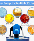 Beefy Lever Action Drum Pump for 55 Gallon Drums visual with multiple liquid types including water, diesel, petrol, and chemicals.