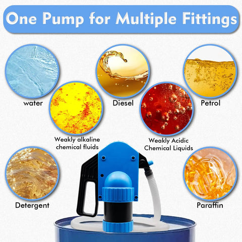 Beefy Lever Action Drum Pump for 55 Gallon Drums visual with multiple liquid types including water, diesel, petrol, and chemicals.