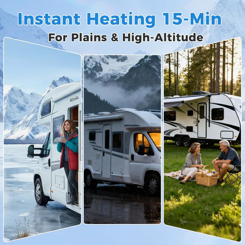 Skip The Heavy Old Tanks With This Compact Propane Tankless Water Heater For Rvs Knocking Out Instant On Demand Hot Showers And A Totally Hassle Free Swap Every Trip, shown in scenic RV settings.