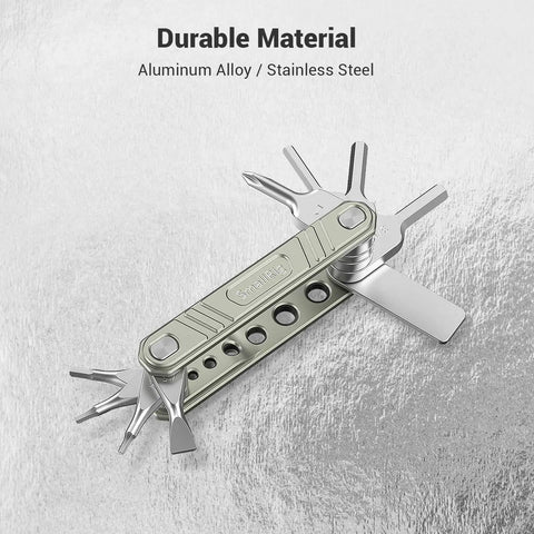 Universal Folding Tool for Videographers Nine In One Pro Grade Multi Tool Kit on silver background, showing flat head and PH1 Phillips drivers.