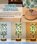 Palm Leaves Watercolor Bedside Table Lamp With 3-Way Dimming And Touch Control, Built-In Charging Station, showing light options